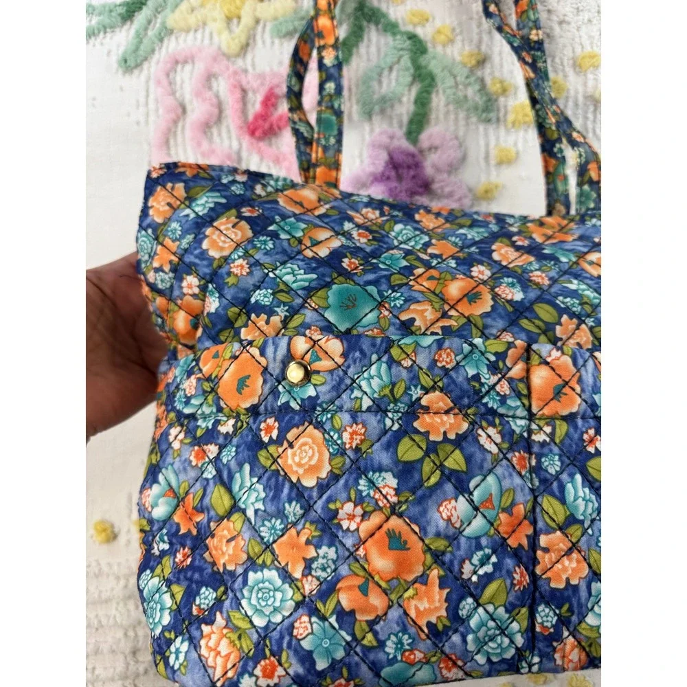 Blue Floral Quilted Cotton Tote Bag Zippered Shoulder Bag with Pockets